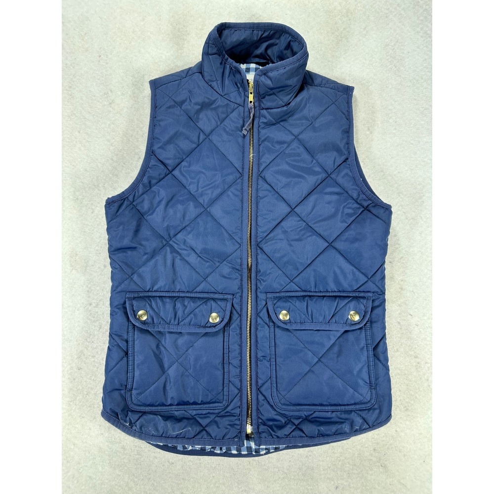 J.Crew Excursion Quilted Vest Navy Blue Gingham Lining XXS Womens Zip Up